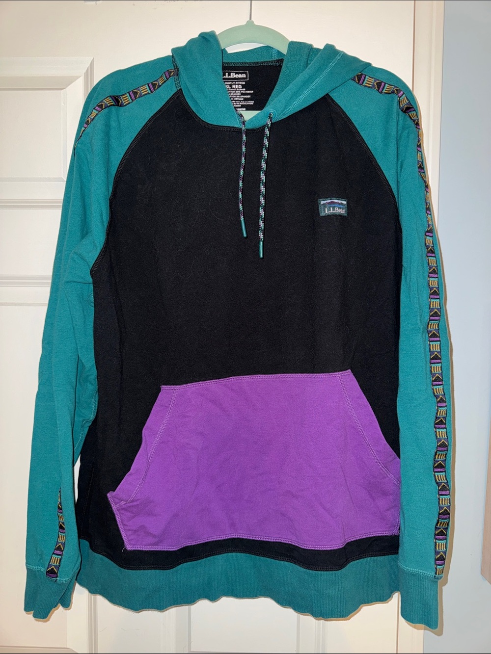 L.L. Bean Men's Teal & Black Hooded Pullover Sweater with Purple Pocket